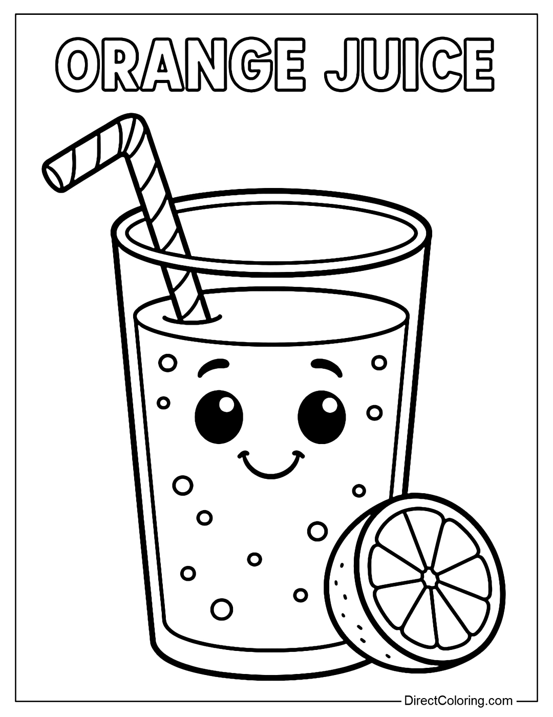 Orange juice coloring page with smiley face, red and white striped straw.